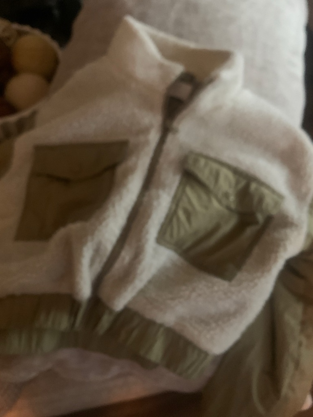 Kids Cream Sherpa Jacket with Olive Utility Pockets
